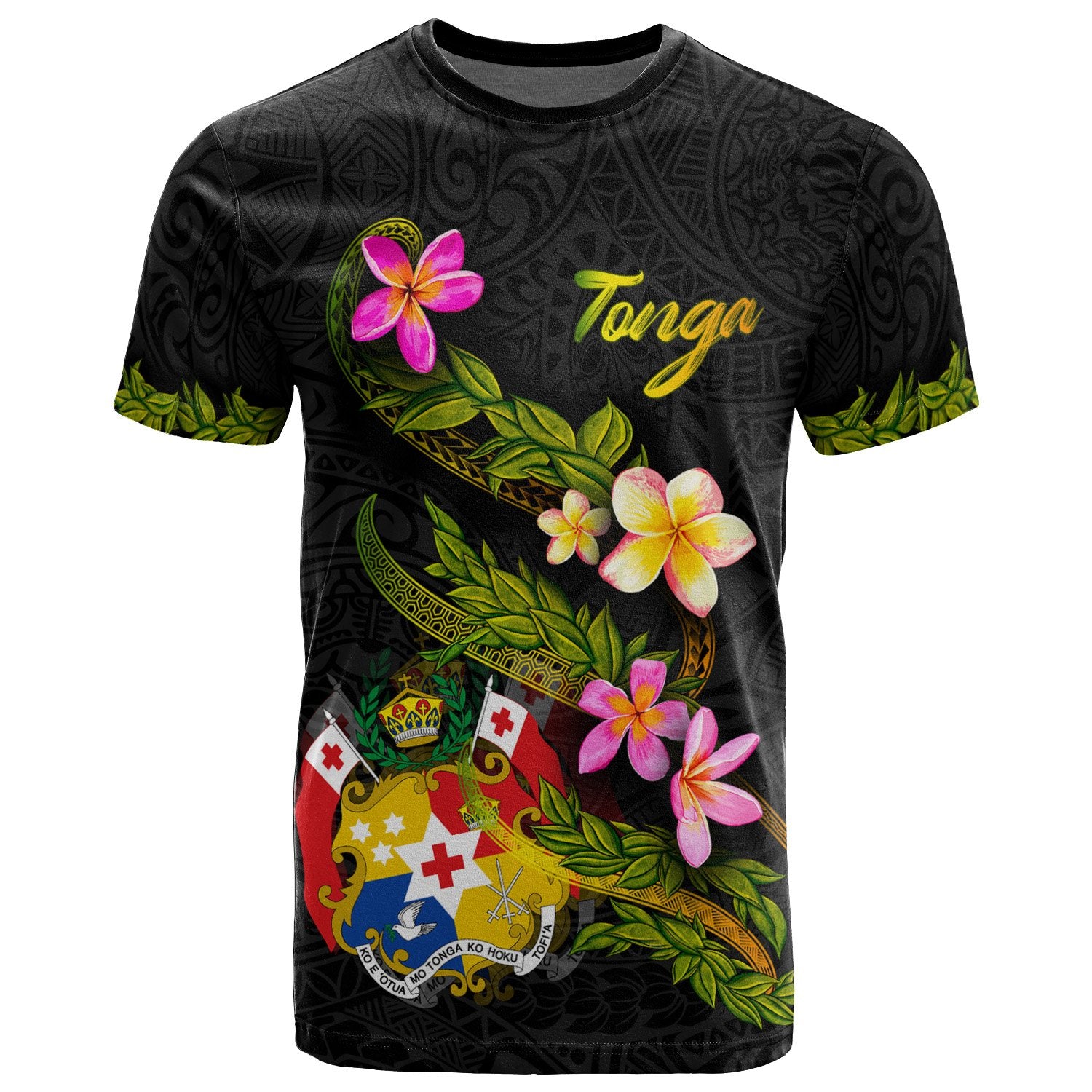 Tonga Polynesian T Shirt Plumeria Tribal Unisex Black - Polynesian Pride