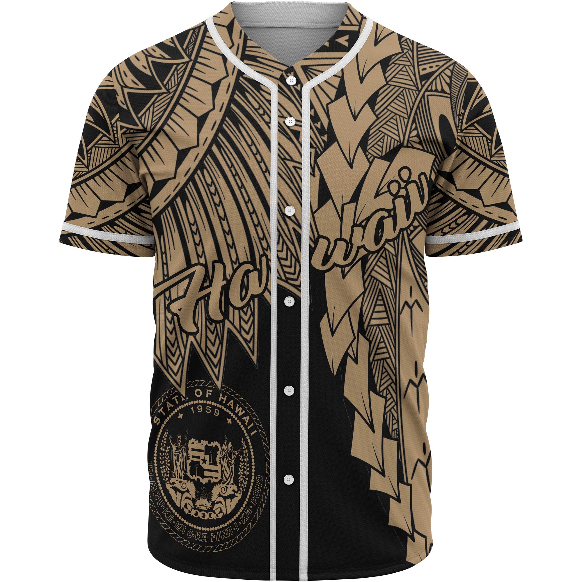 Hawaii Polynesian Baseball Shirt - Tribal Wave Tattoo Gold Unisex Gold - Polynesian Pride