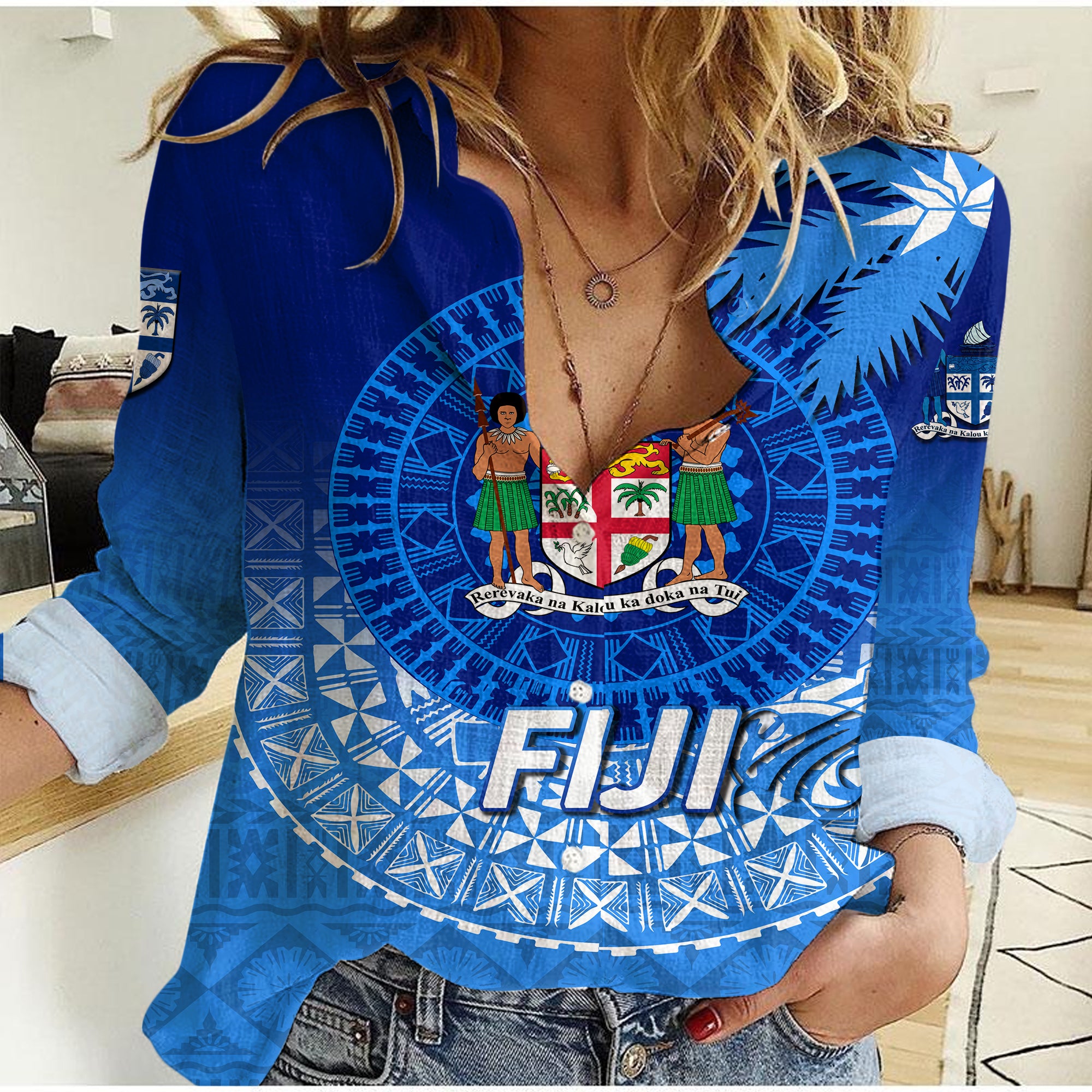 (Custom Personalised) Fiji Tapa Tribal Coconut Tree Women Casual Shirt - LT12 Female Blue - Polynesian Pride