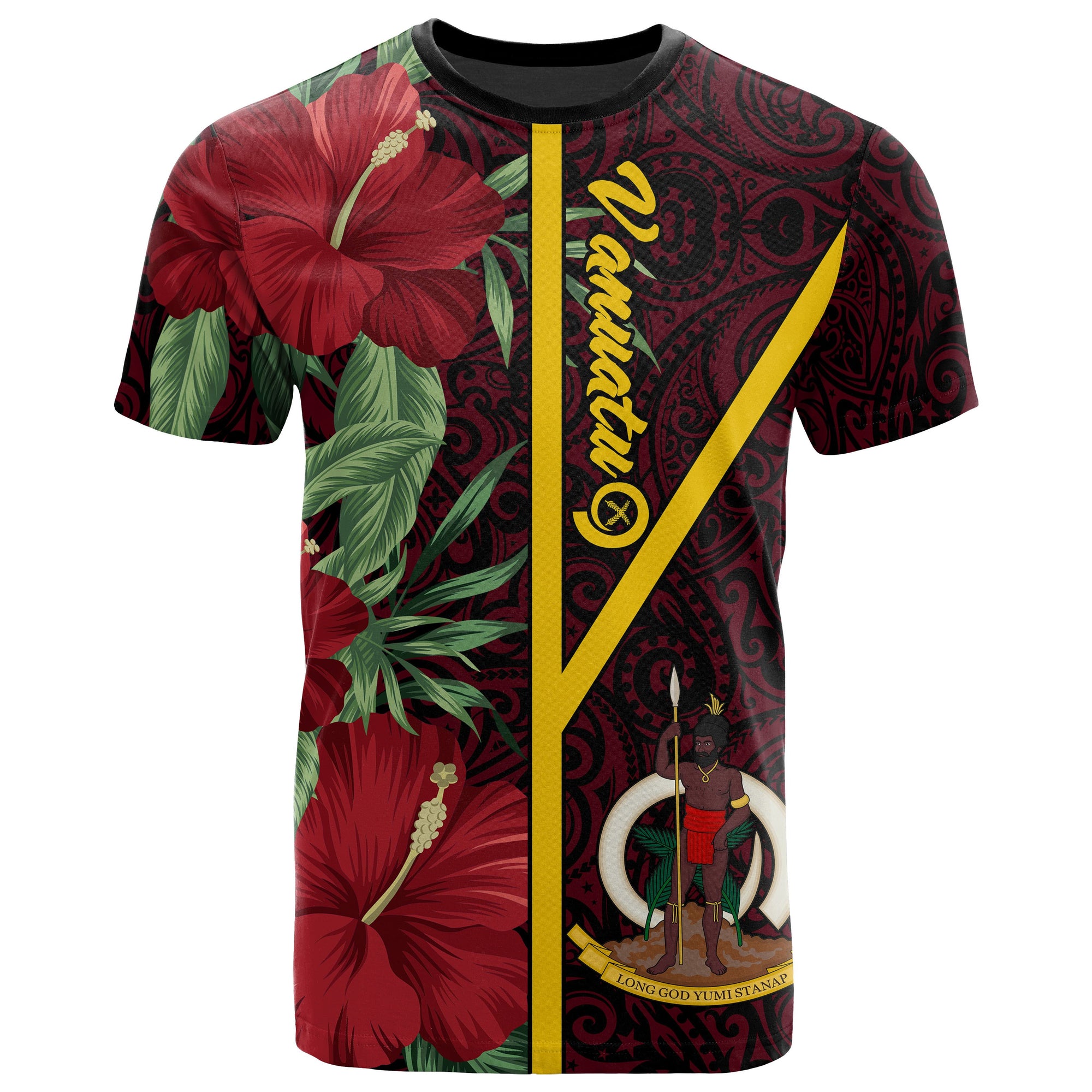 Vanuatu Polynesian T Shirt Tropical Flowers With Seal Unisex Red - Polynesian Pride