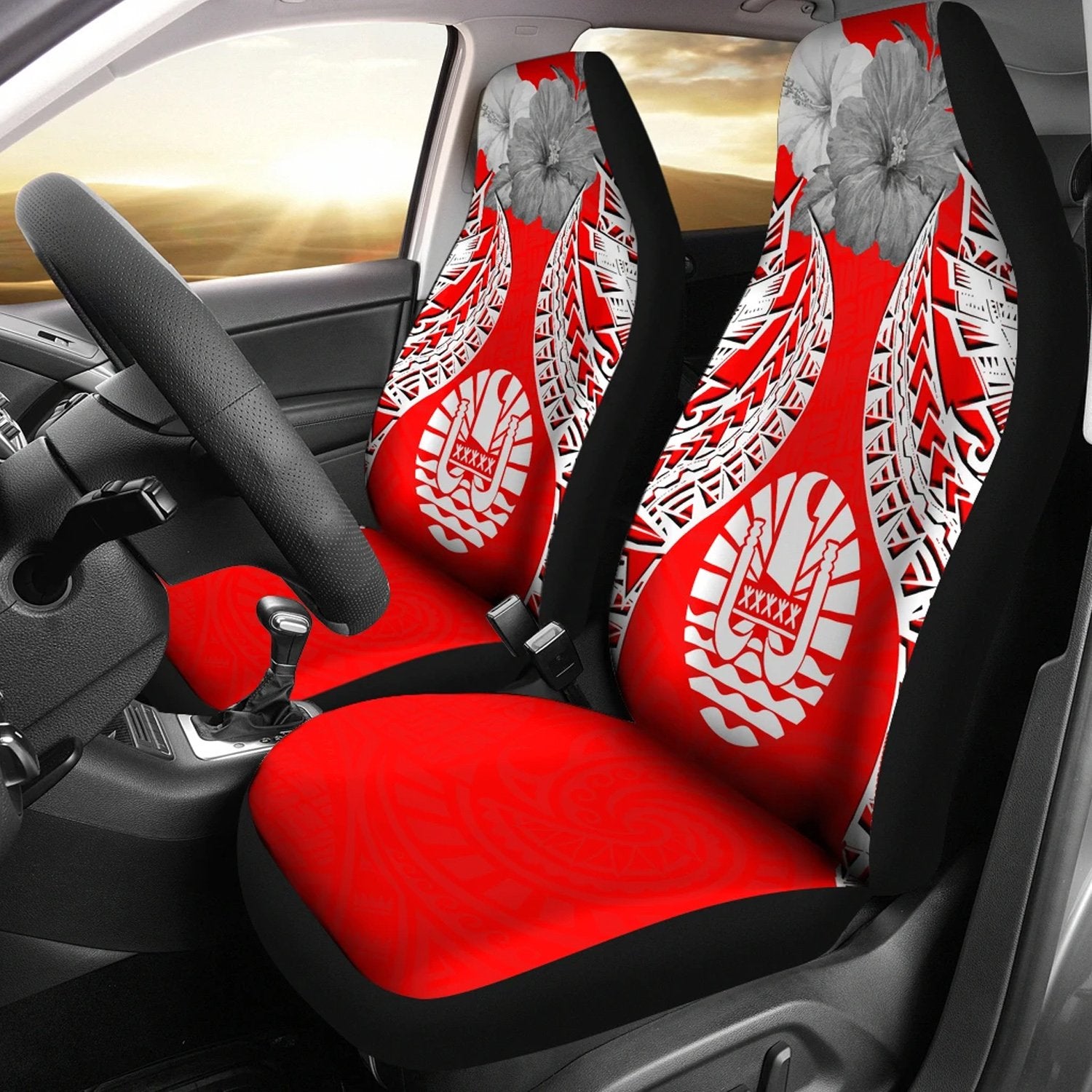 Tahiti Polynesian Car Seat Covers Pride Seal And Hibiscus Red White Universal Fit Black - Polynesian Pride