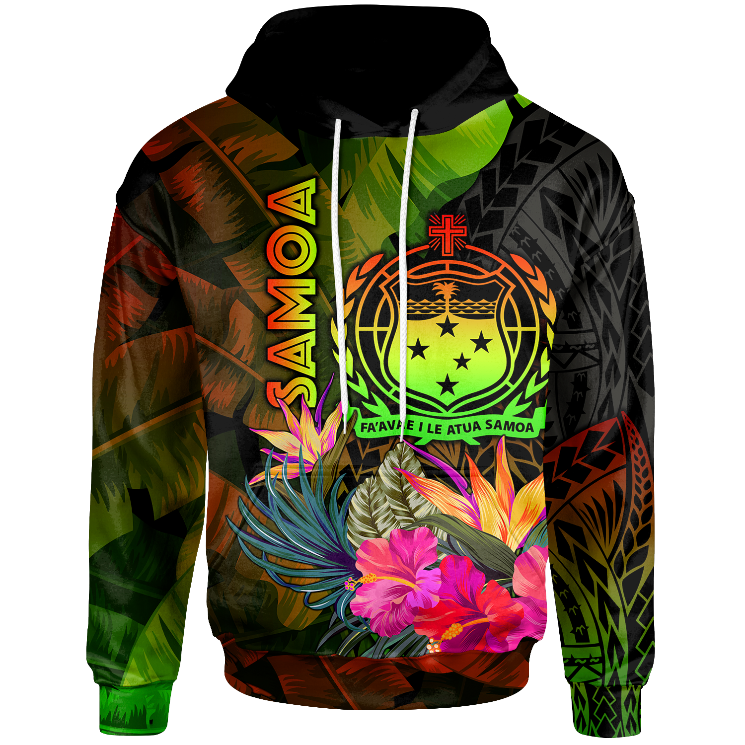 Samoa Polynesian Hoodie Hibiscus and Banana Leaves Unisex Reggae - Polynesian Pride