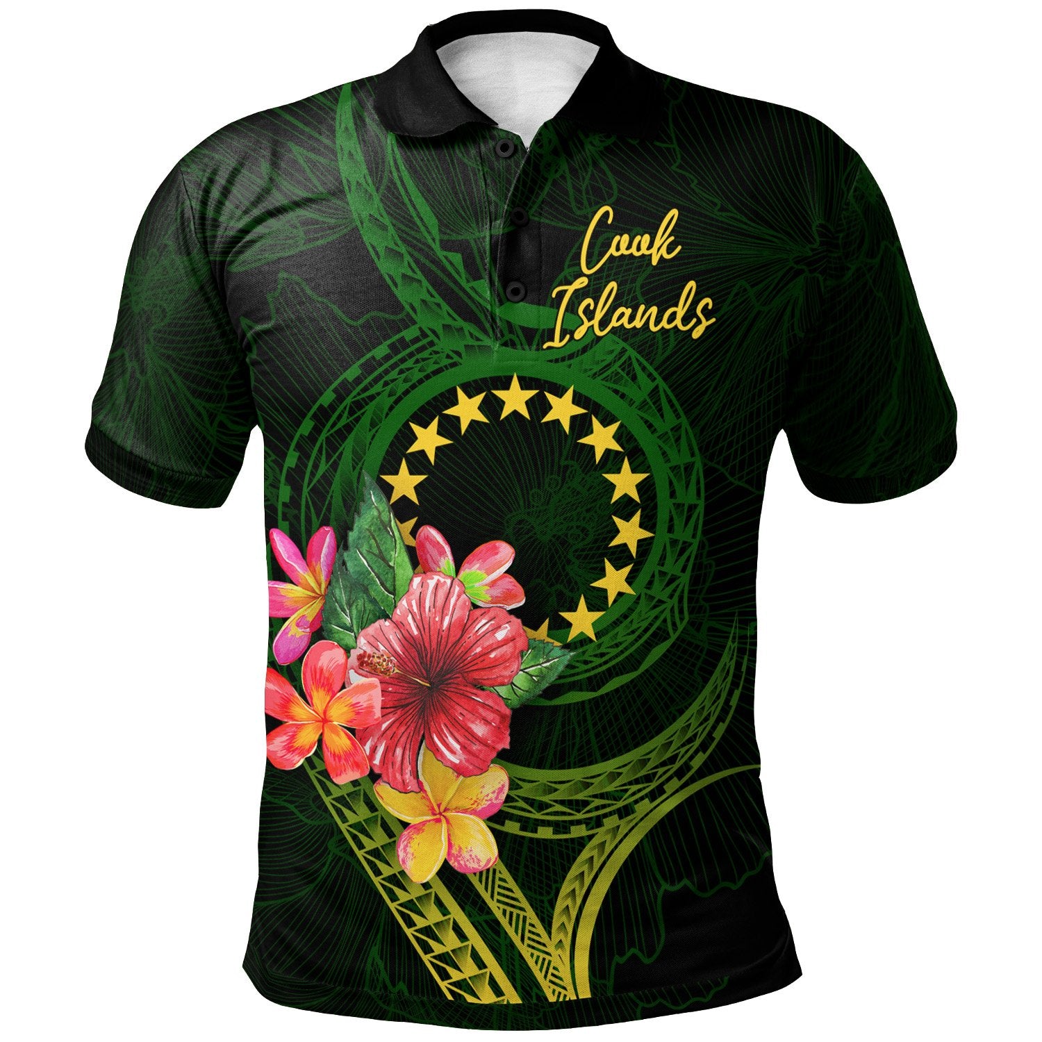 Cook Islands Polynesian Polo Shirt Floral With Seal Flag Color Unisex Green - Polynesian Pride