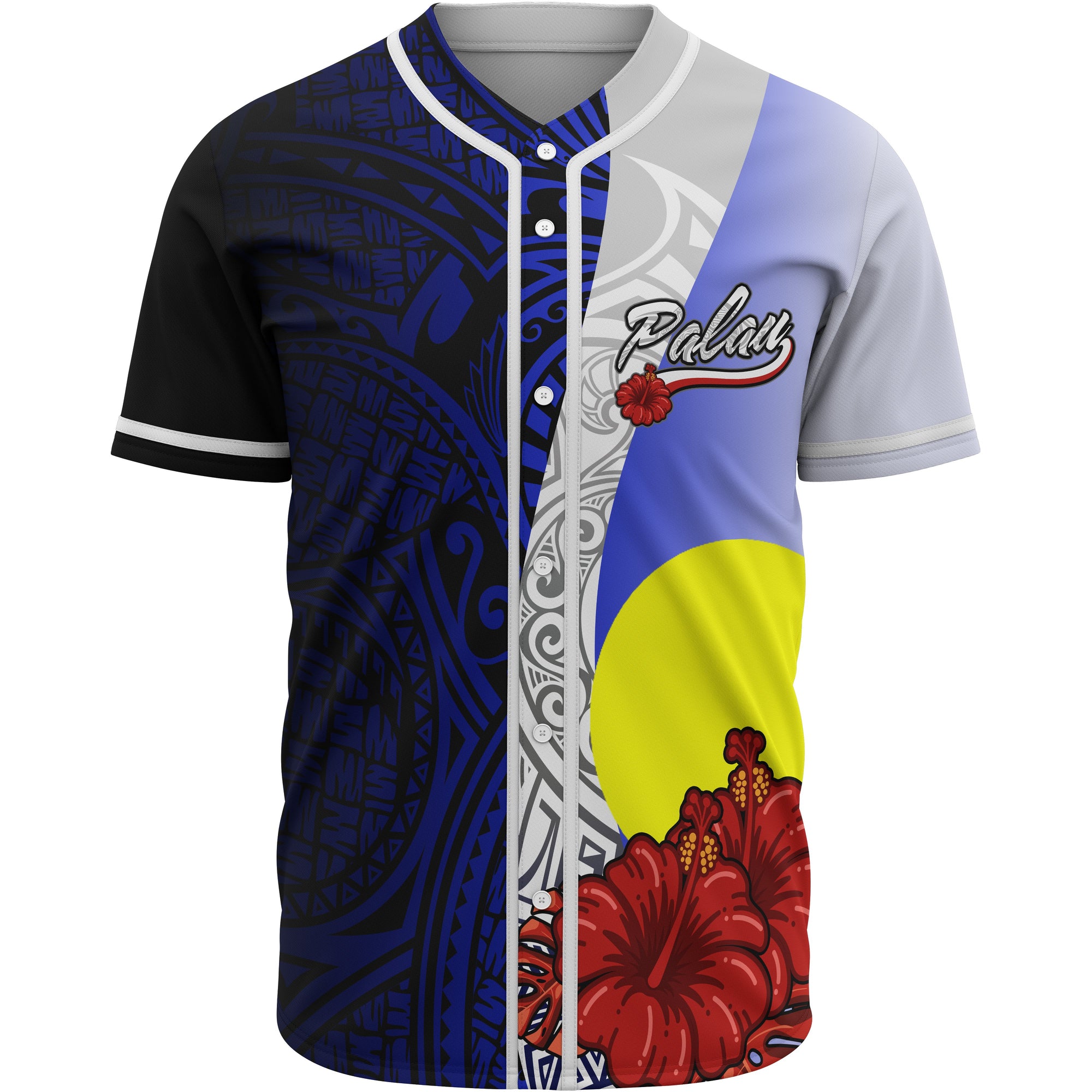 Palau Polynesian Baseball Shirt - Coat Of Arm With Hibiscus Blue Unisex Blue - Polynesian Pride