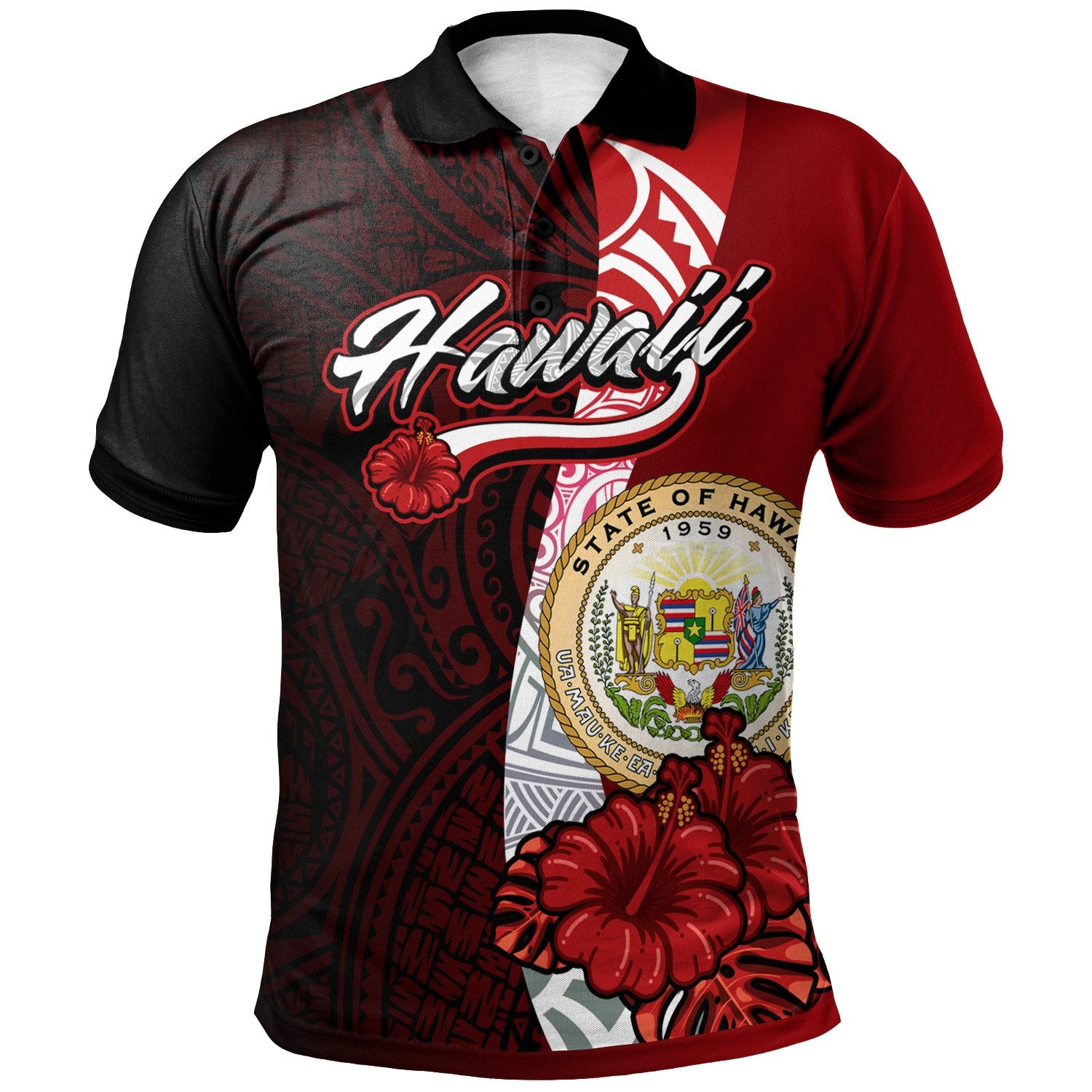 Hawaii Polynesian Polo Shirt Coat Of Arm With Hibiscus Unisex Red - Polynesian Pride