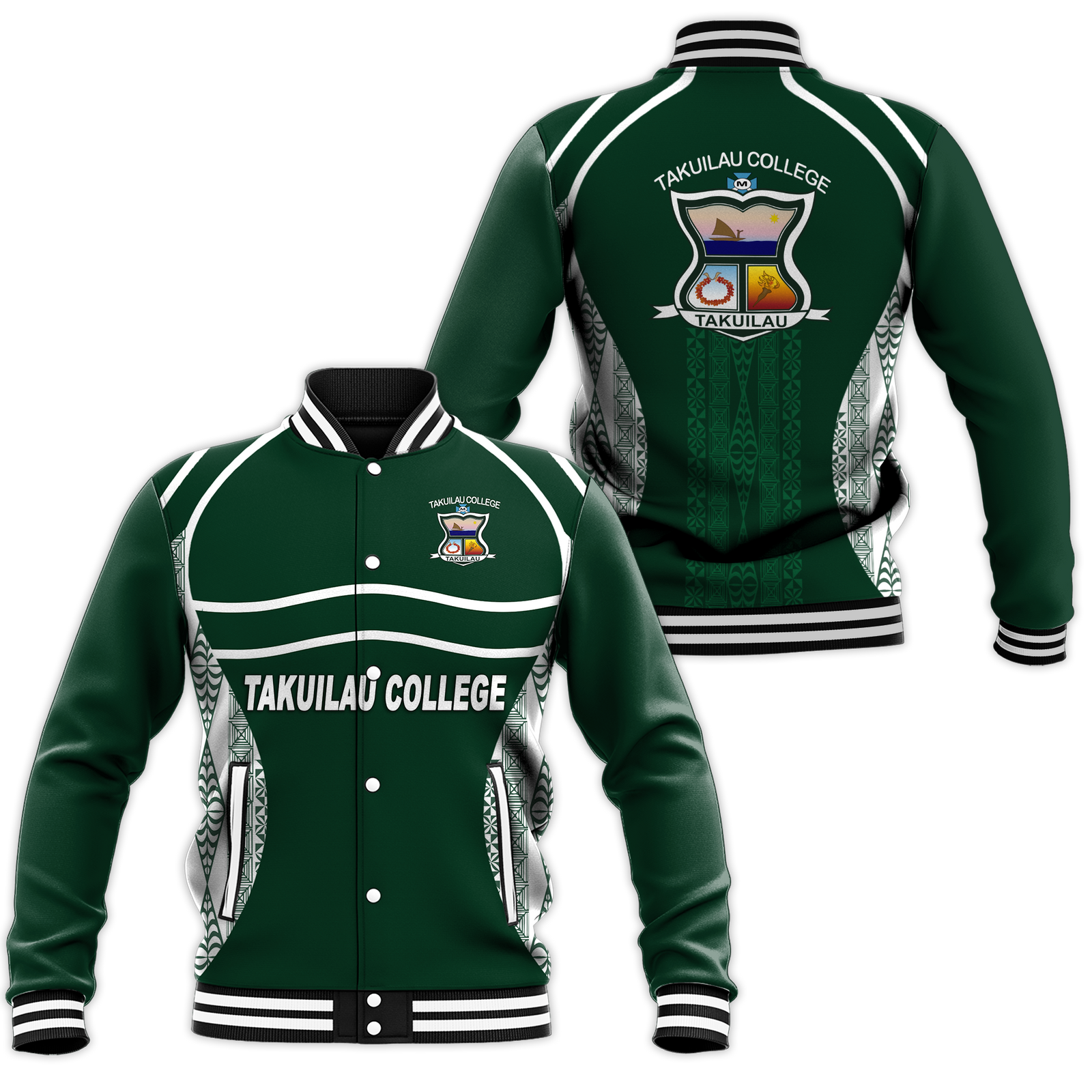 Takuilau College Tongan Patterns Baseball Jacket - LT12 Unisex Green - Polynesian Pride