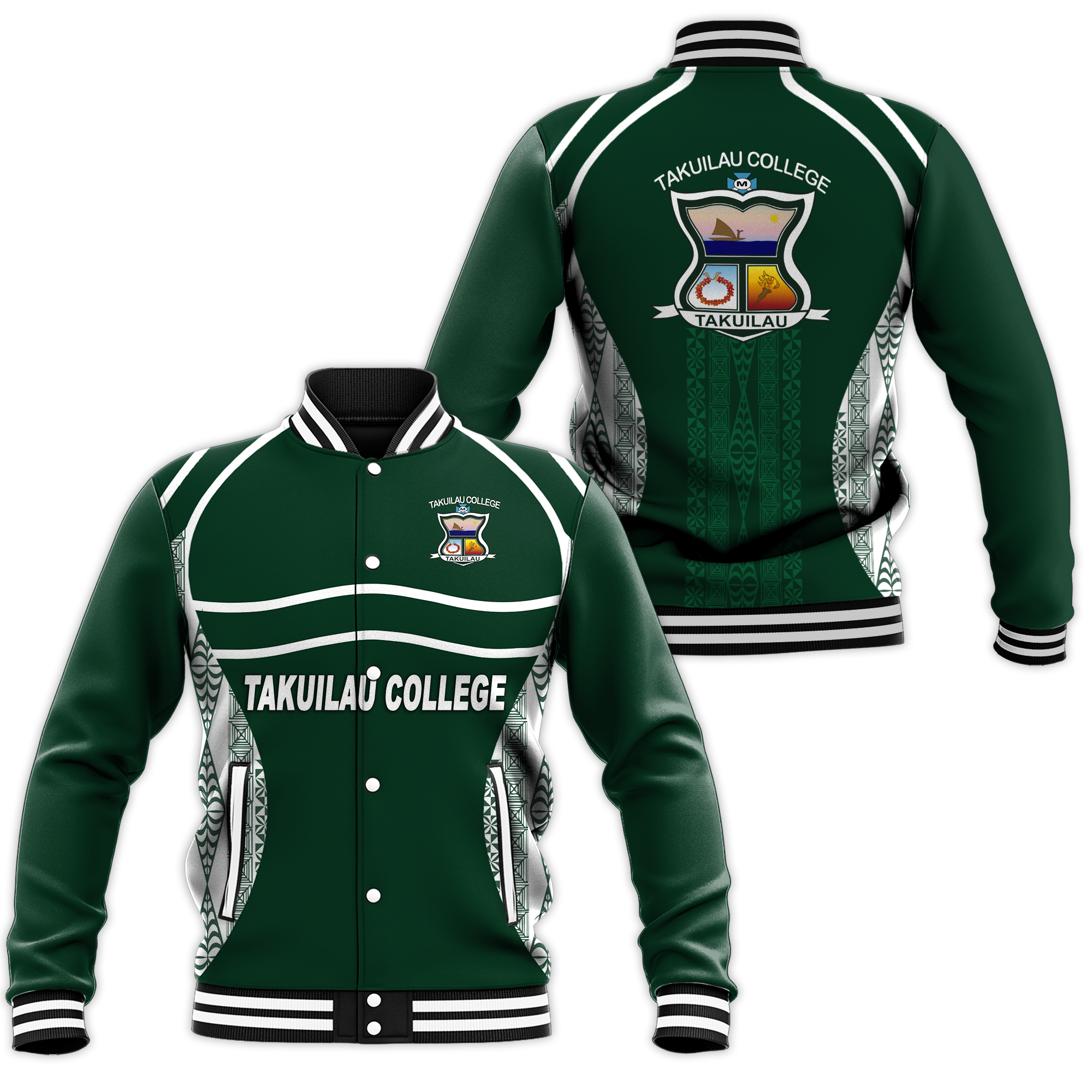 Takuilau College Tongan Patterns Baseball Jacket - LT12 Unisex Green - Polynesian Pride