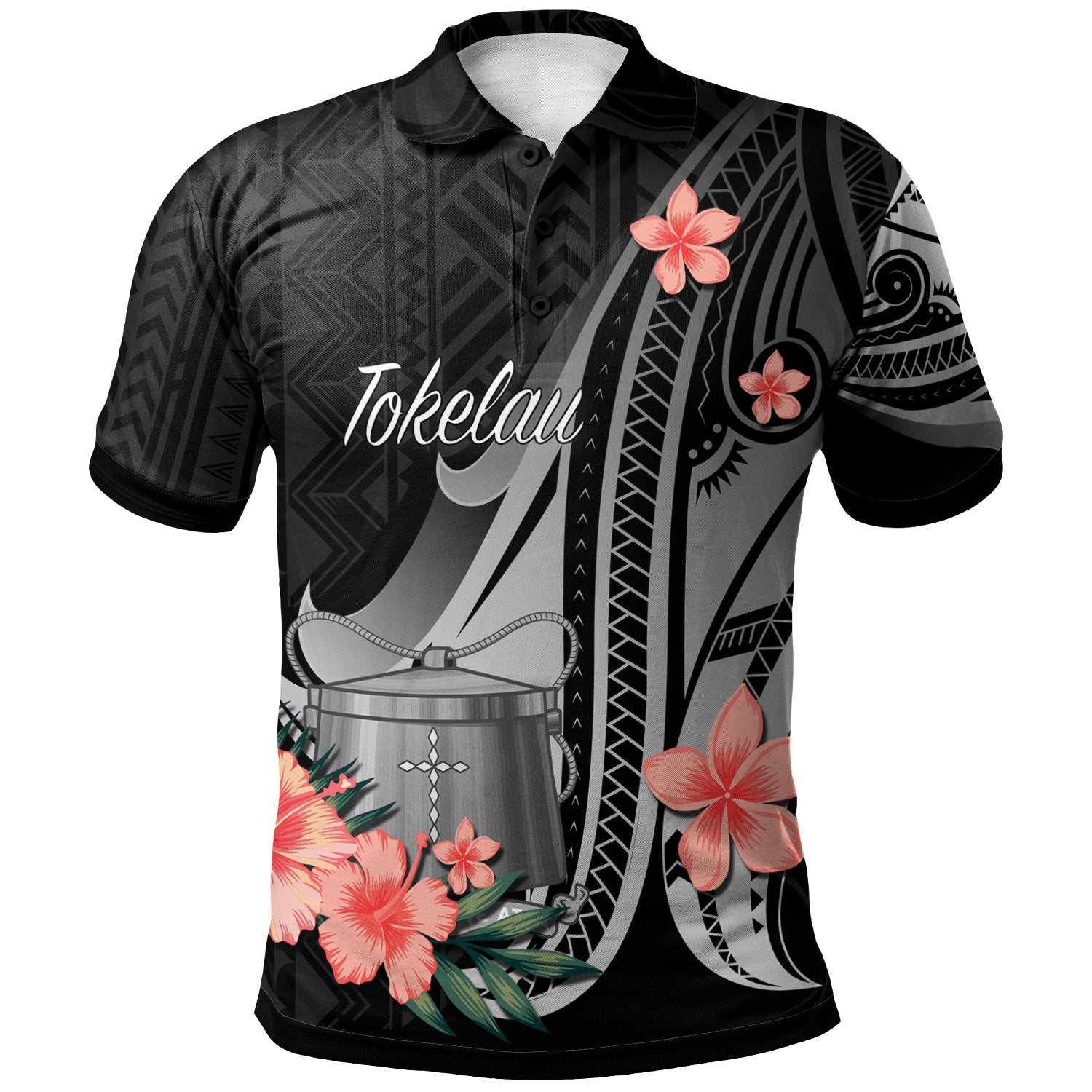 Tokelau Polo Shirt Polynesian Hibiscus Pattern Style Unisex Black - Polynesian Pride