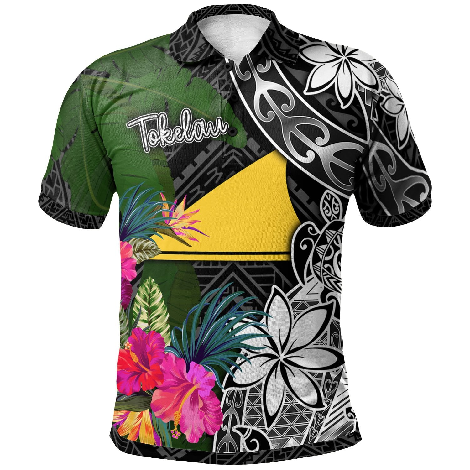 Tokelau Polo Shirt Turtle Plumeria Banana Leaf Unisex Black - Polynesian Pride