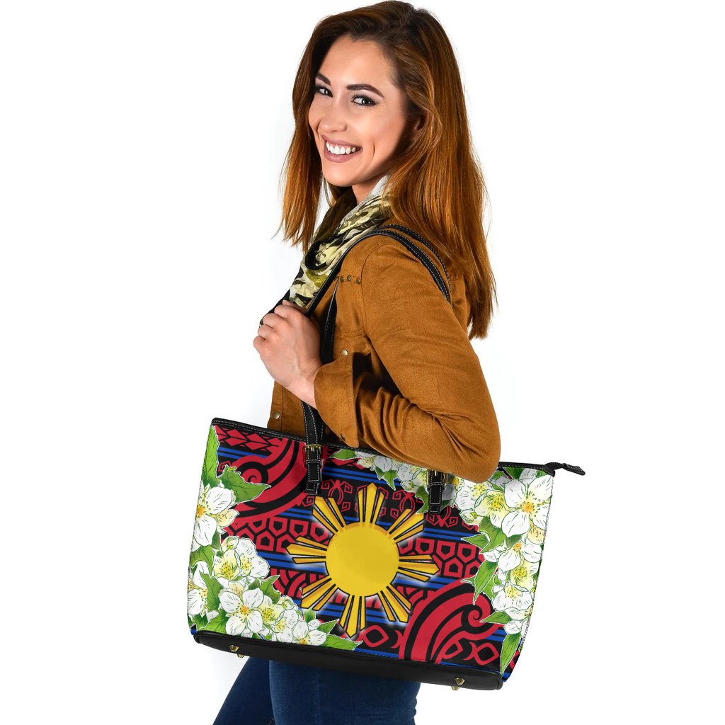 Philippines Leather Tote Bag - Jasmine Flower Style Red-Blue - Polynesian Pride