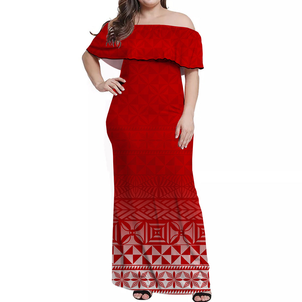 Tonga Off Shoulder Long Dress - Tongan Pattern Red - LT12 Women Red - Polynesian Pride