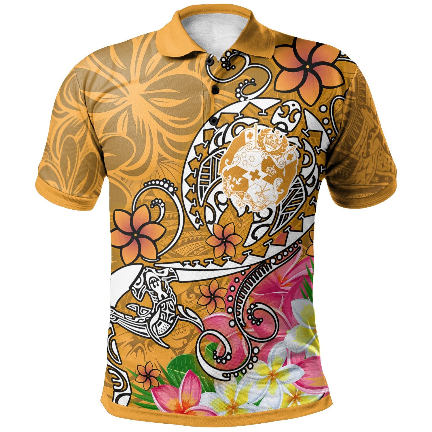 Tonga Polo Shirt Turtle Plumeria (GOLD) Unisex Gold - Polynesian Pride