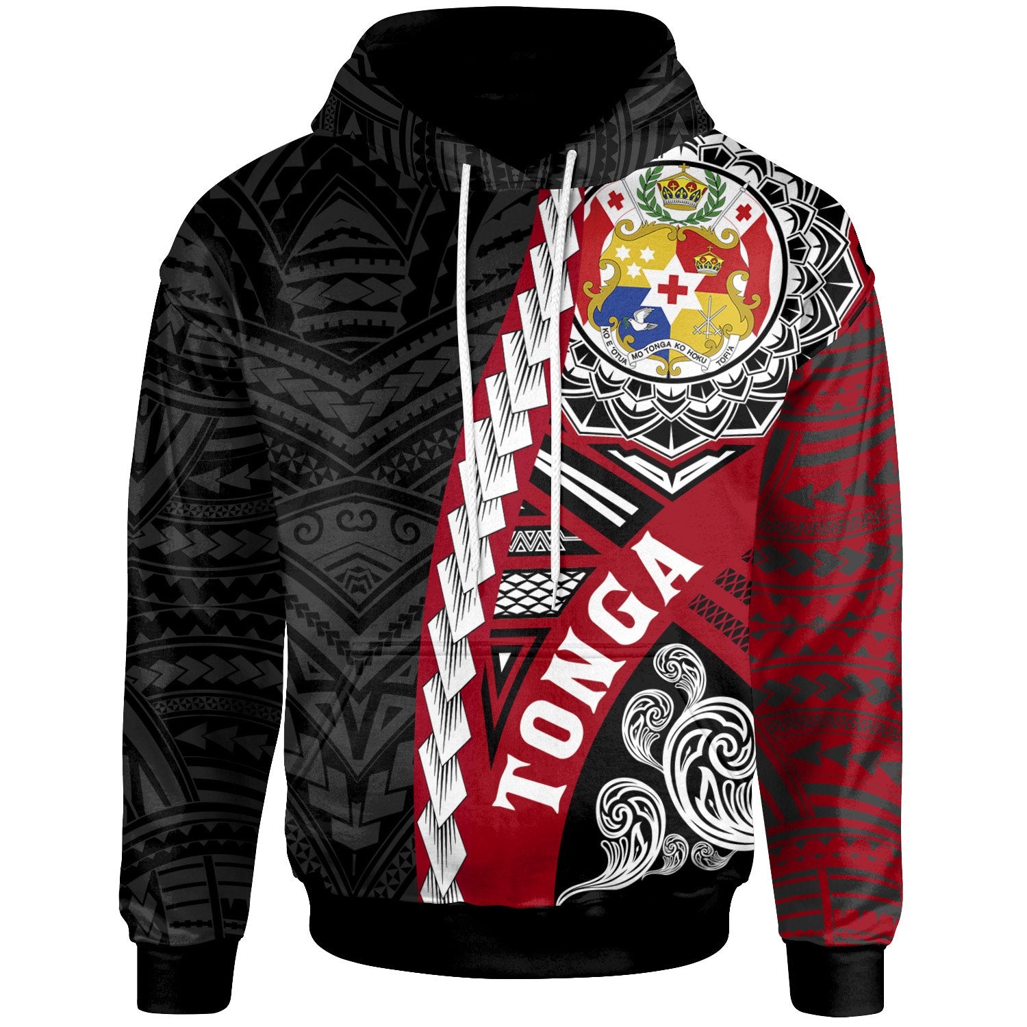 Tonga Polynesian Hoodie Wave Tattoo Unisex Black - Polynesian Pride