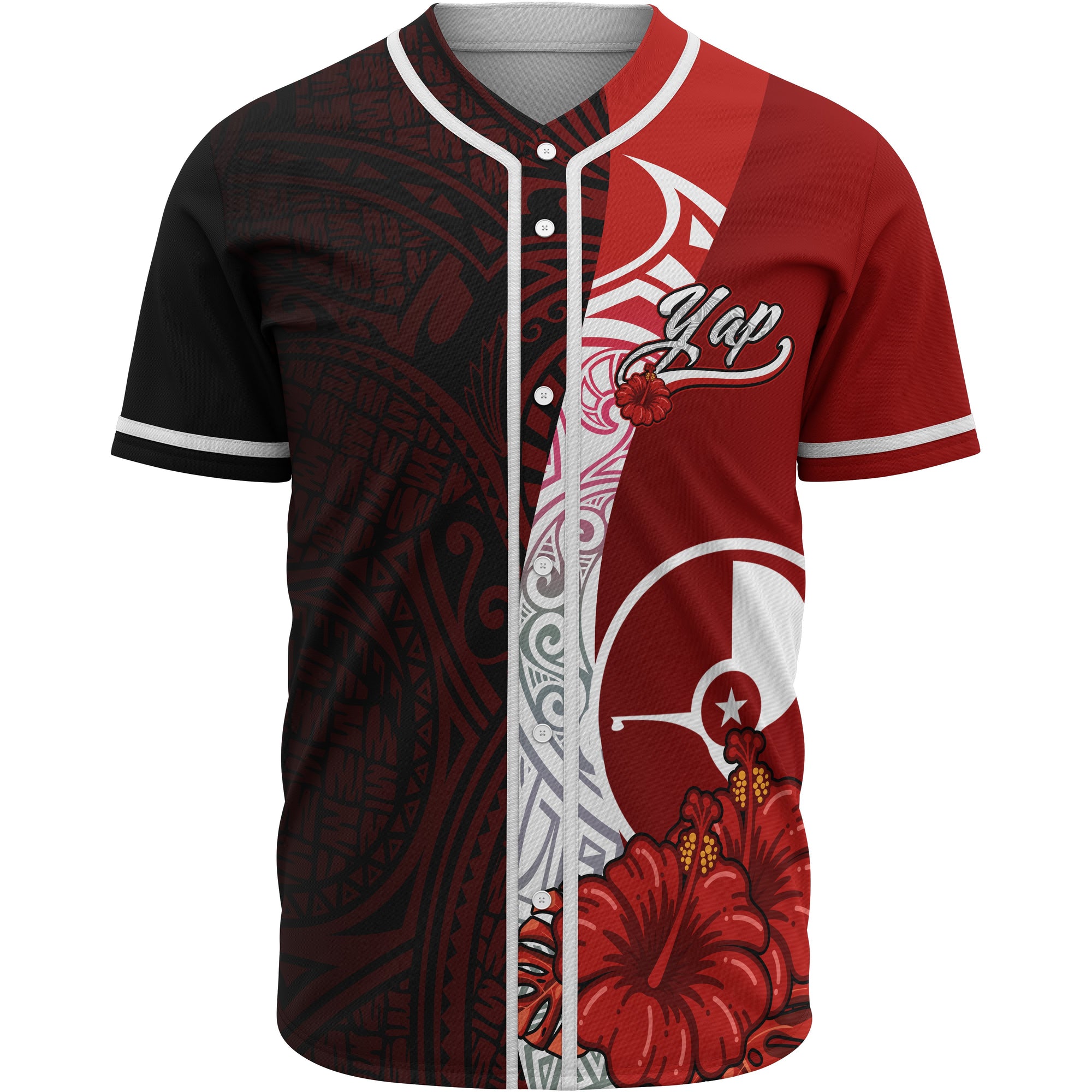 Yap Polynesian Baseball Shirt - Coat Of Arm With Hibiscus Unisex Red - Polynesian Pride