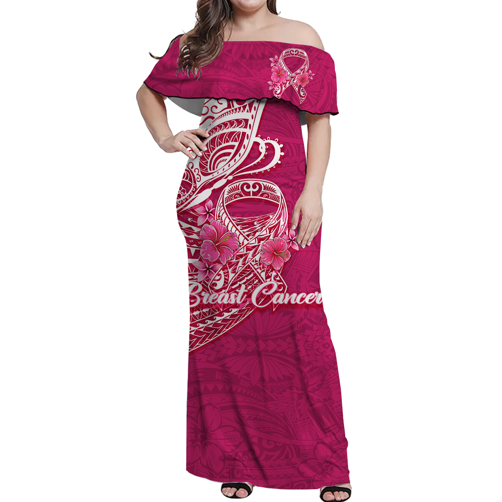 Breast Cancer Pink Ribbon Butterfly Polynesian Pink Version Off Shoulder Long Dress - LT12 Long Dress Pink - Polynesian Pride