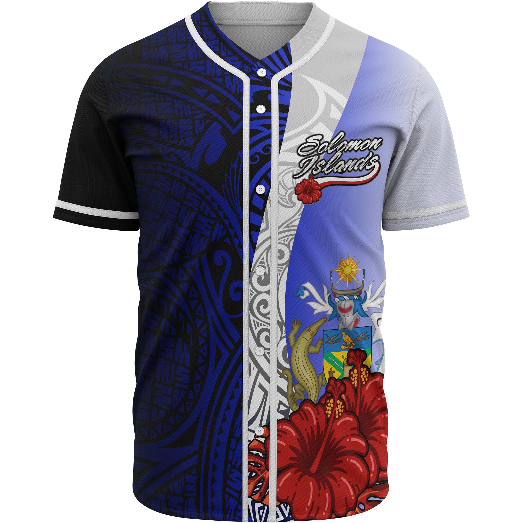 Solomon Islands Polynesian Baseball Shirt - Coat Of Arm With Hibiscus Blue Unisex Blue - Polynesian Pride