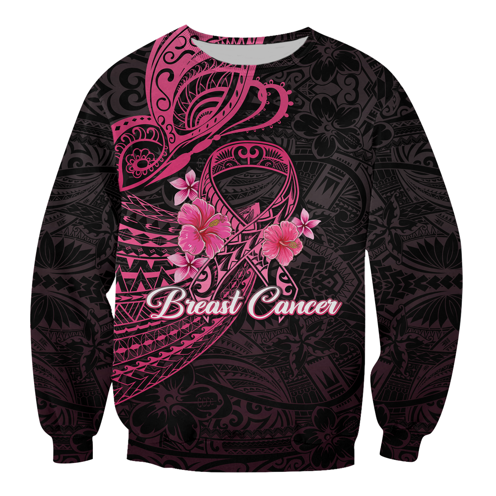 Breast Cancer Pink Ribbon Butterfly Polynesian Black Version Sweatshirt - LT12 Unisex Black - Polynesian Pride