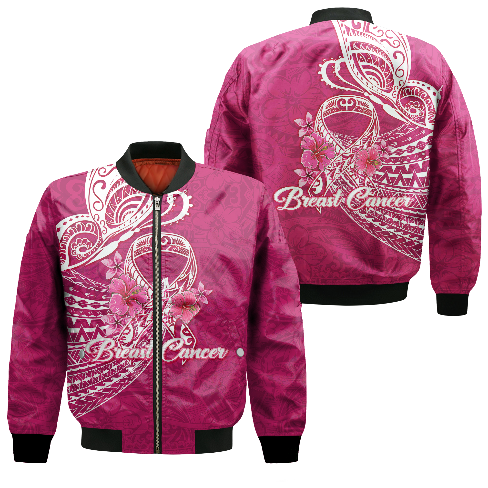 Breast Cancer Pink Ribbon Butterfly Polynesian Pink Version Bomber Jacket - LT12 Bomber Jacket Pink - Polynesian Pride