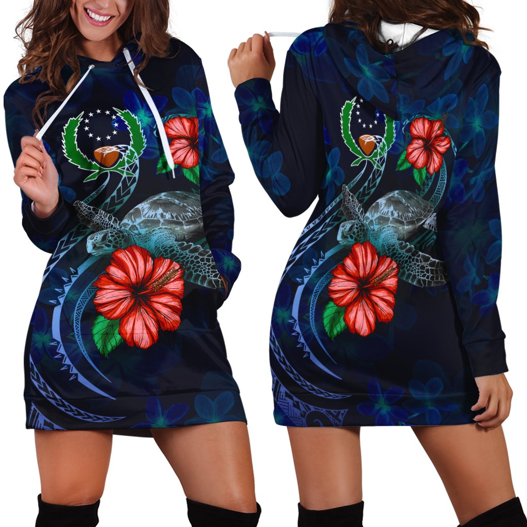 Pohnpei Polynesian Hoodie Dress - Blue Turtle Hibiscus Blue - Polynesian Pride