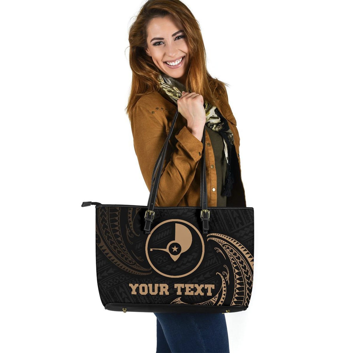 Yap Micronesia Custom Personalised Leather Tote Bag - Gold Tribal Wave Gold - Polynesian Pride