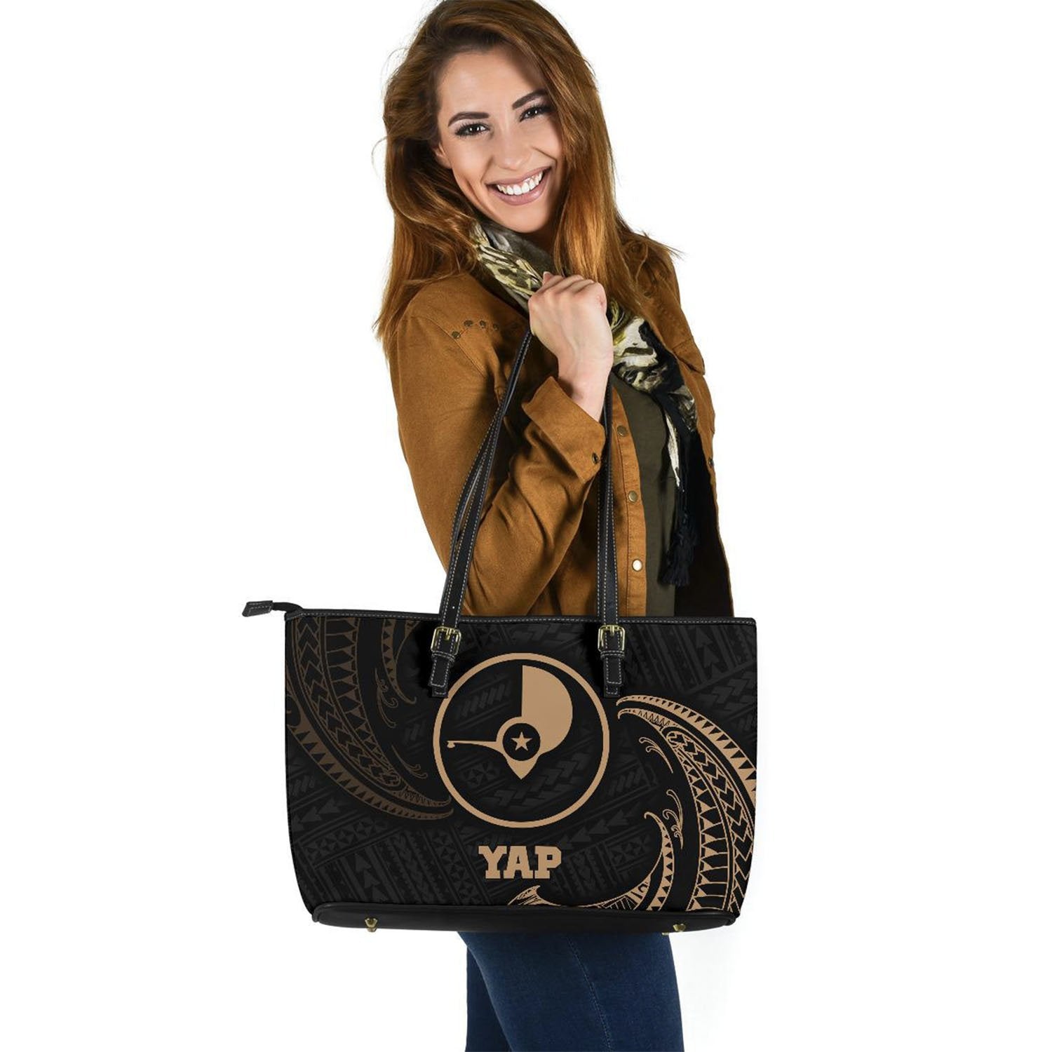 Yap Micronesia Leather Tote Bag - Gold Tribal Wave Gold - Polynesian Pride