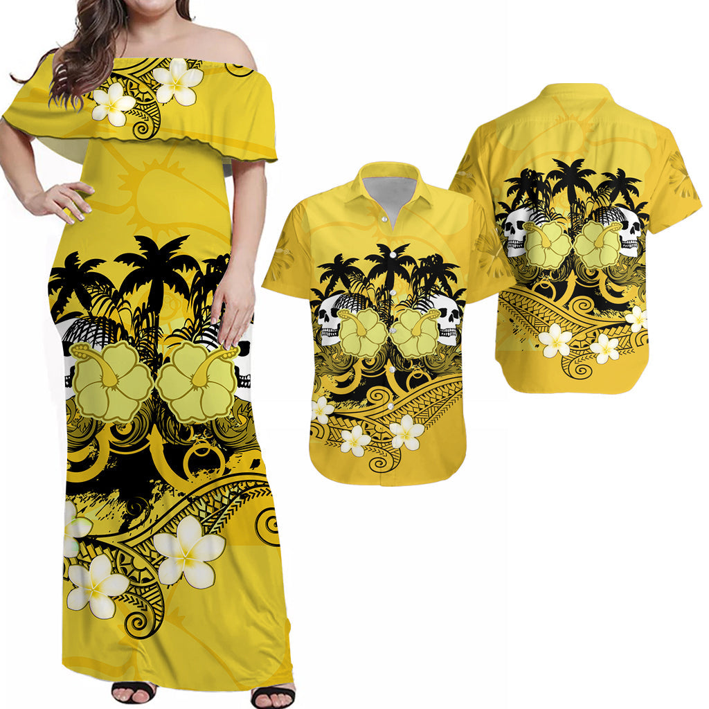 Hawaii Skull Matching Dress and Hawaiian Shirt Mysterious Polynesia and Yellow Flowers LT13 Yellow - Polynesian Pride