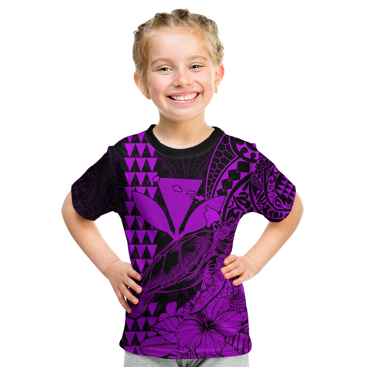 (Custom Personalised) Kakau Polynesian Tribal Hawaiian Turtle with Kanaka Maoli Purple Kid T Shirt LT9 Youth XL Size14 - Polynesian Pride