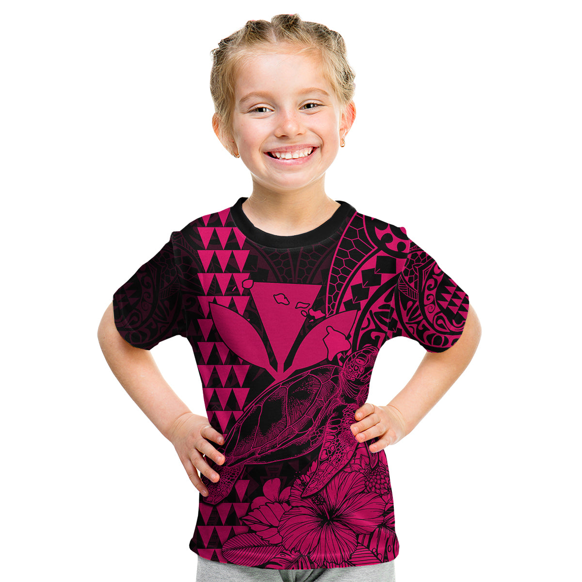 Kakau Polynesian Tribal Hawaiian Turtle with Kanaka Maoli Pink Kid T Shirt LT9 Youth XL Size14 - Polynesian Pride