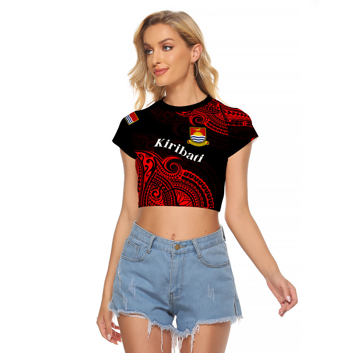 (Custom Personalised) Ribaberiki Kiribati Coat Of Arms Mix Red Polynesian Raglan Cropped T Shirt LT14 Female Red - Polynesian Pride