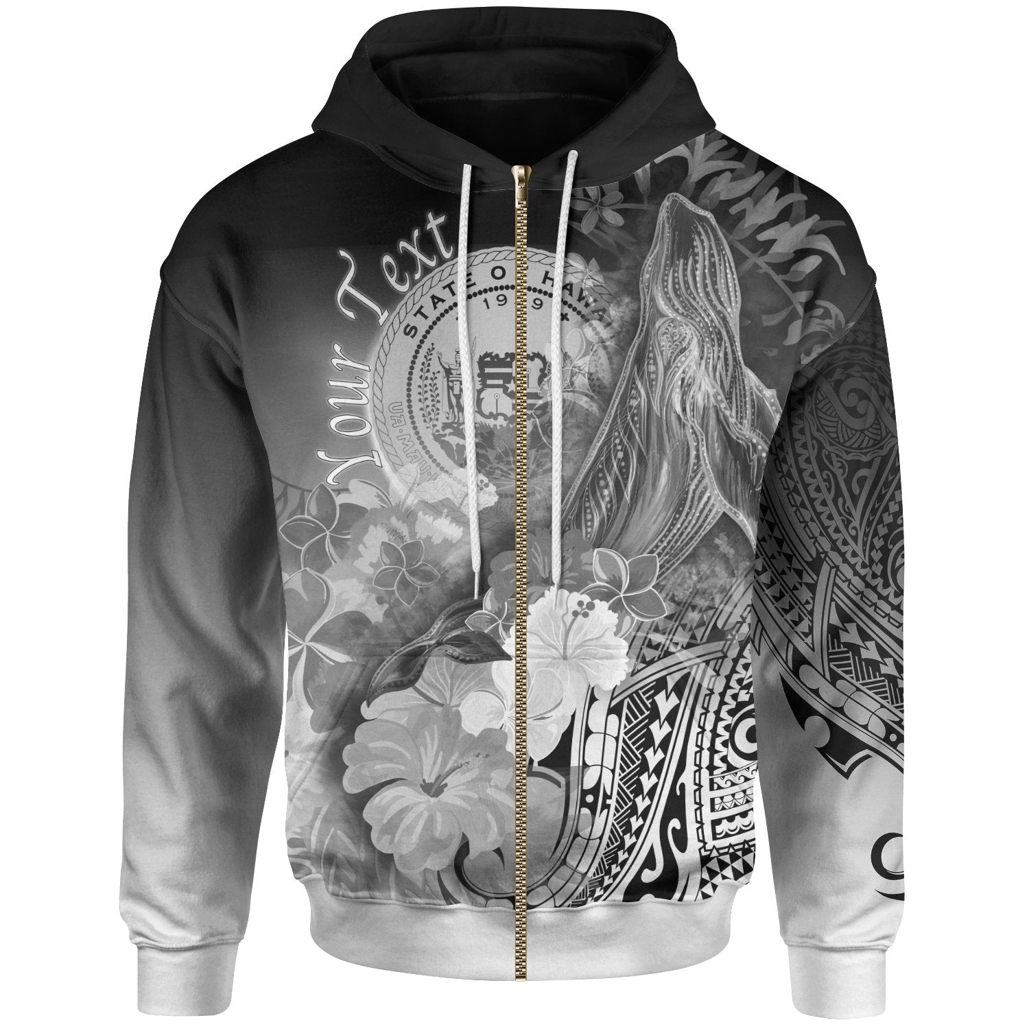 Polynesian Hawaii Custom Zip up Hoodie Humpback Whale with Tropical Flowers (White) Unisex White - Polynesian Pride