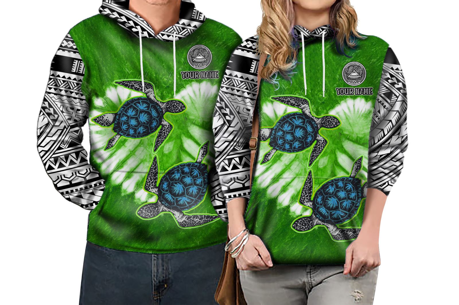 Custom American Samoa Hoodie Couple Polynesian Turtles Valentine HUSBand and WIFE Tie Dye Green LT13 6XL - Polynesian Pride