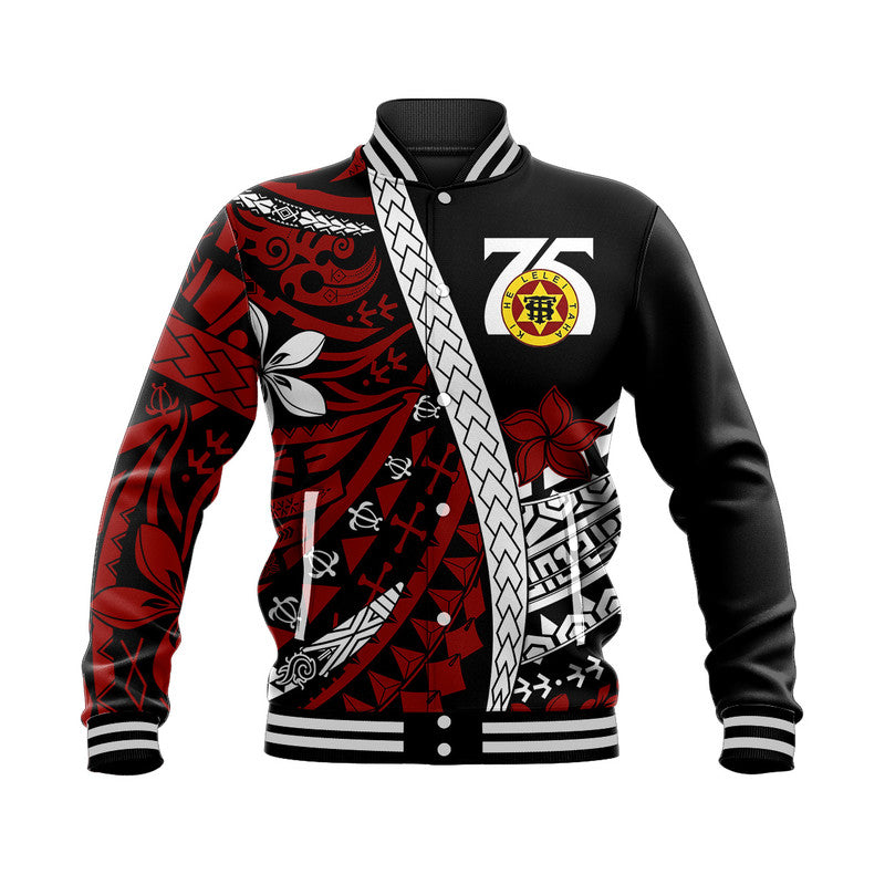 Tonga High School 75th Anniversary Baseball Jacket Black Polynesian Minimalist Style LT9 Unisex Black - Polynesian Pride