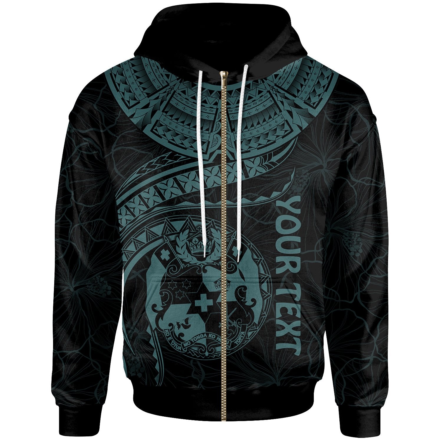 Tonga Polynesian Custom Zip up Hoodie Tonga Waves (Turquoise) Unisex Black - Polynesian Pride