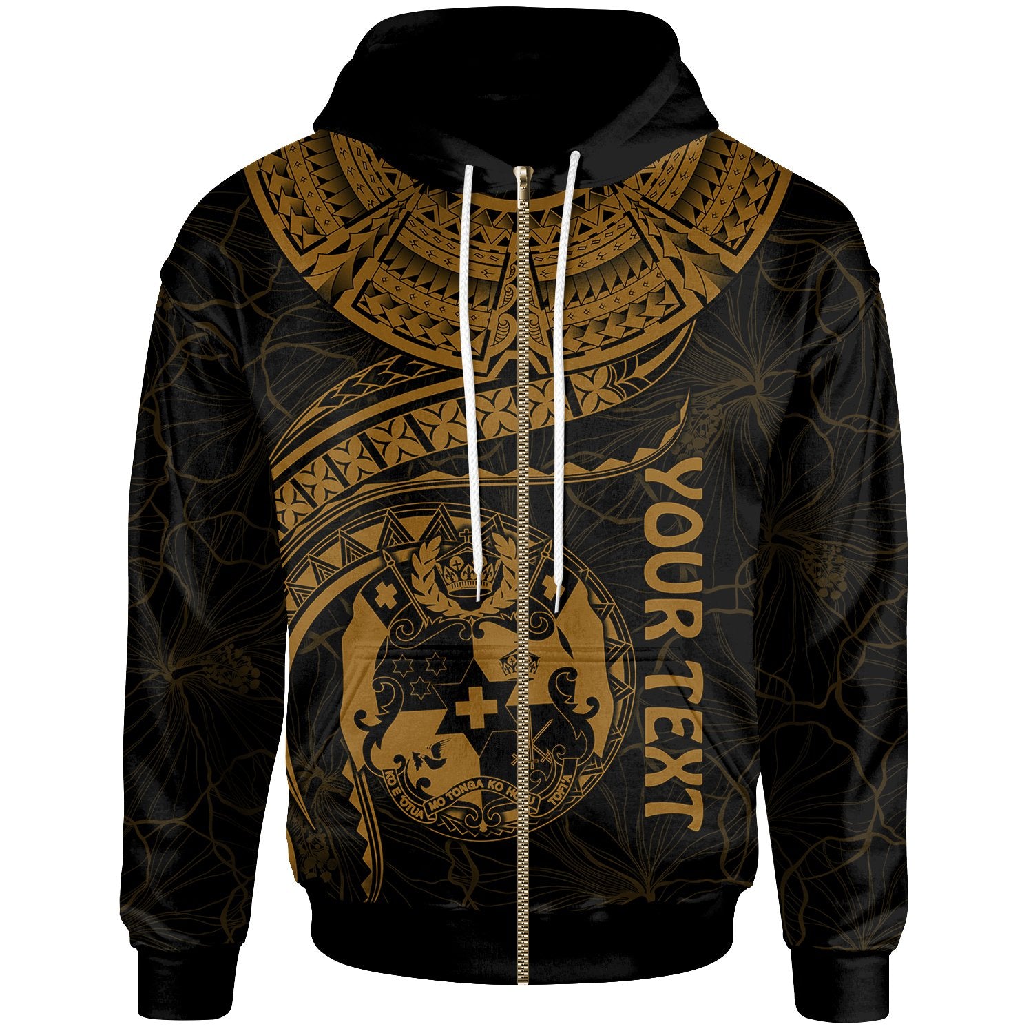 Tonga Polynesian Custom Zip up Hoodie Tonga Waves (Golden) Unisex Black - Polynesian Pride