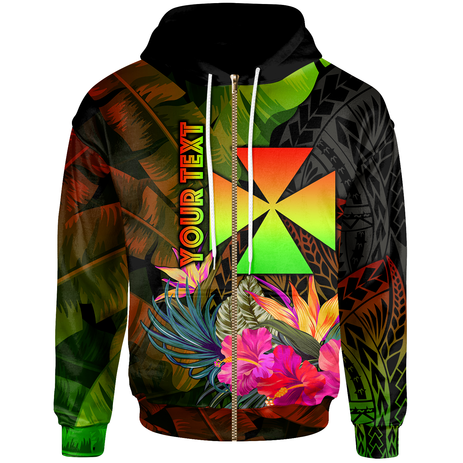 Wallis and Futuna Polynesian Custom Zip up Hoodie Hibiscus and Banana Leaves Unisex Reggae - Polynesian Pride