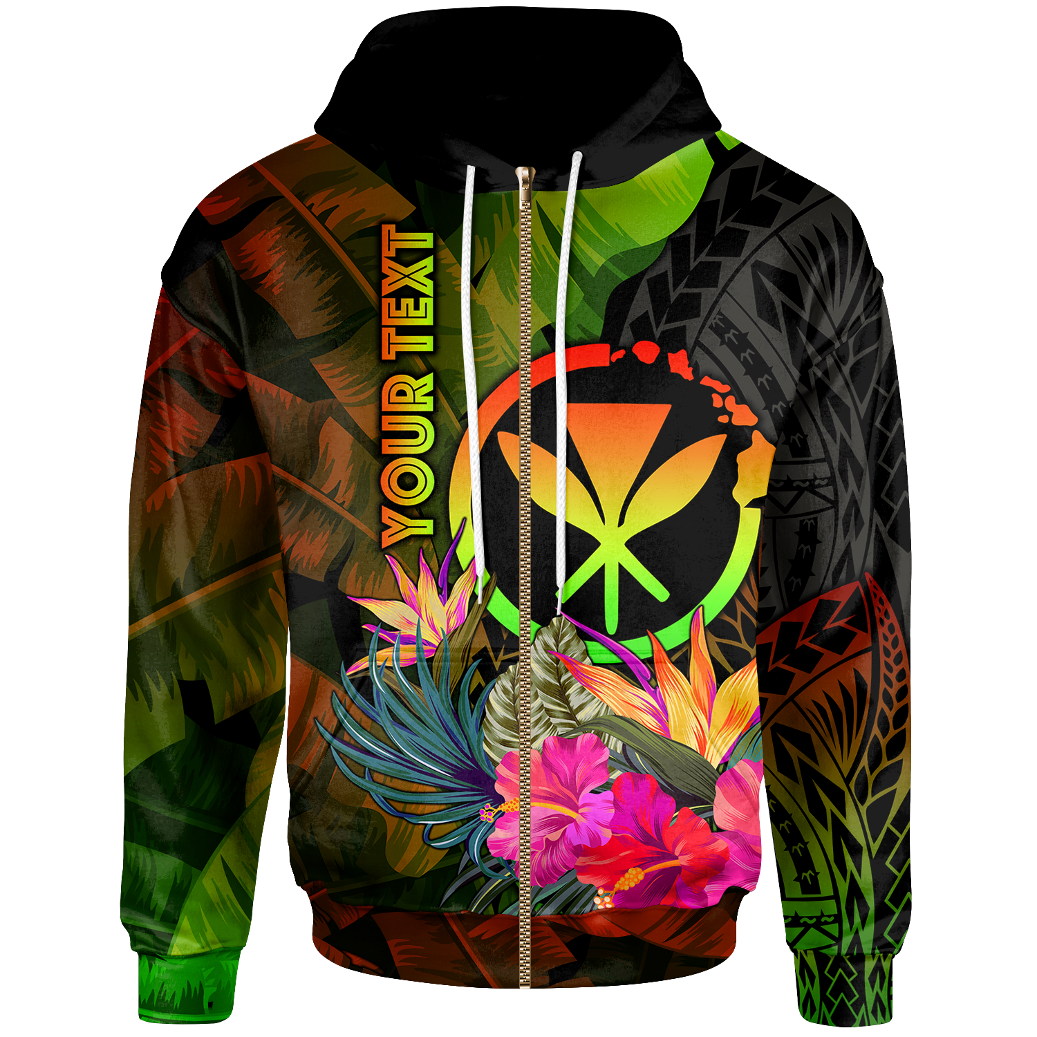 Polynesian Hawaii Kanaka Maoli Polynesian Custom Zip up Hoodie Hibiscus and Banana Leaves Unisex Reggae - Polynesian Pride