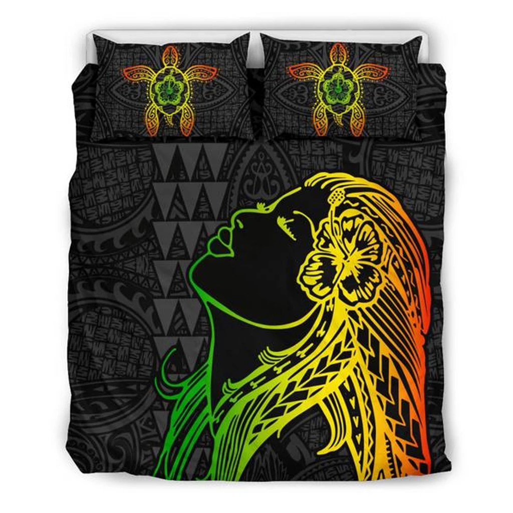 Hawaiian Hibiscus Hula Girl And Turtle Bedding Set Black - Polynesian Pride