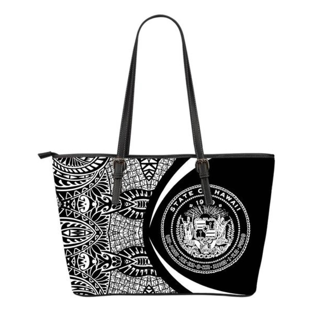 Hawaii Coat Of Arms Polynesian Large Leather Tote - Circle Style - White White - Polynesian Pride