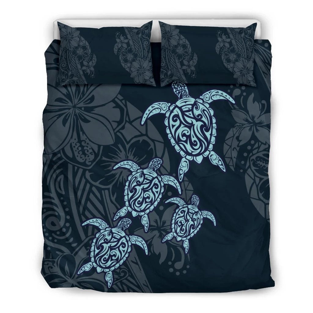 Hawaiian Hibiscus Plumeria Sea Turtle Polynesian Bedding Set Blue - Polynesian Pride