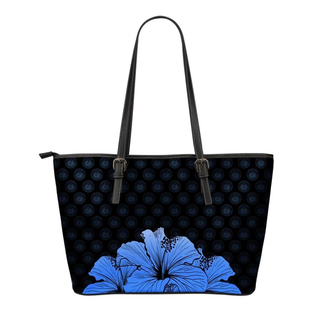 Hawaii Hibiscus Small Leather Tote Blue - Rich Style Blue - Polynesian Pride