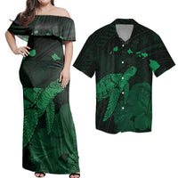 Matching Couple Hawaiian Outfits Dress and Hawaiian Shirt Hawaii Polynesian Hibiscus Turtle Map Green RLT14 No Dress - Polynesian Pride