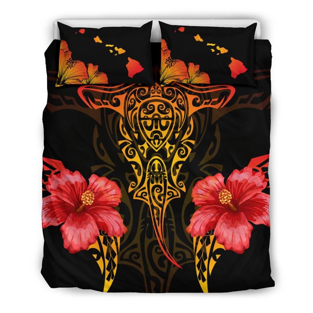 Hawaiian Hamerhead Shark Polynesian Hibiscus Bedding Set Black - Polynesian Pride