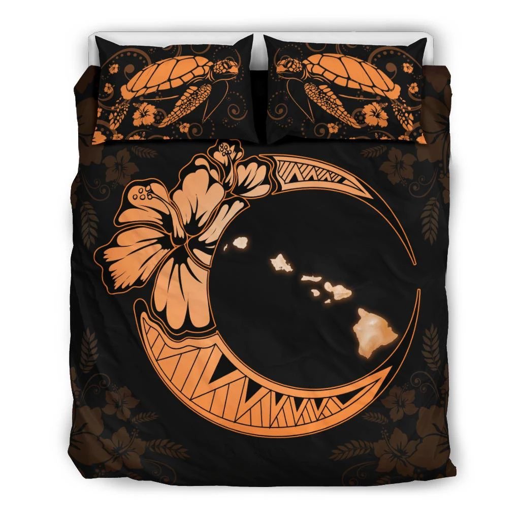 Hawaiian Map Hibiscus Turtle Polynesian Moon Bedding Set Orange Black - Polynesian Pride