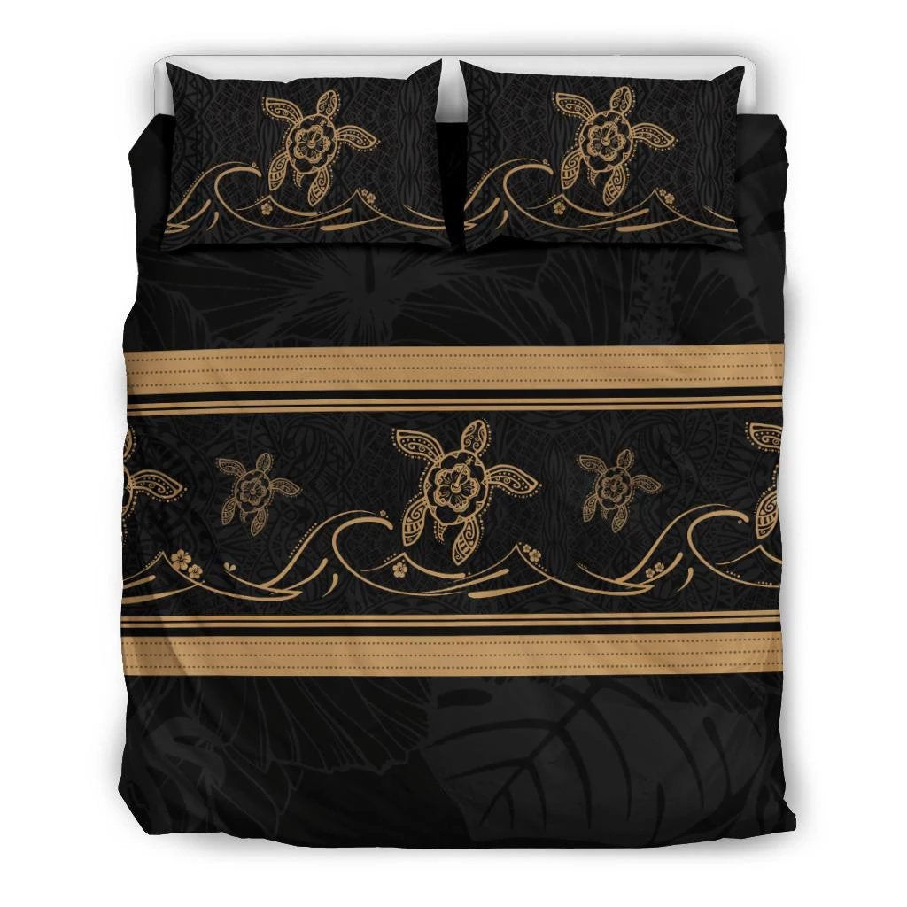 Hawaiian Turtle Hibiscus Black And Gold Bedding Set Black - Polynesian Pride