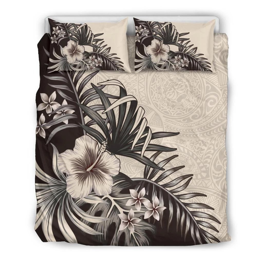 Hawaiian The Beige Hibiscus Plumeria Palm Tree Bedding Set Black - Polynesian Pride