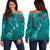 Hawaiian Islands Off Shoulder Sweater - Hawaii Tropical Flowers and Turtles Turquoise LT13 Turquoise - Polynesian Pride