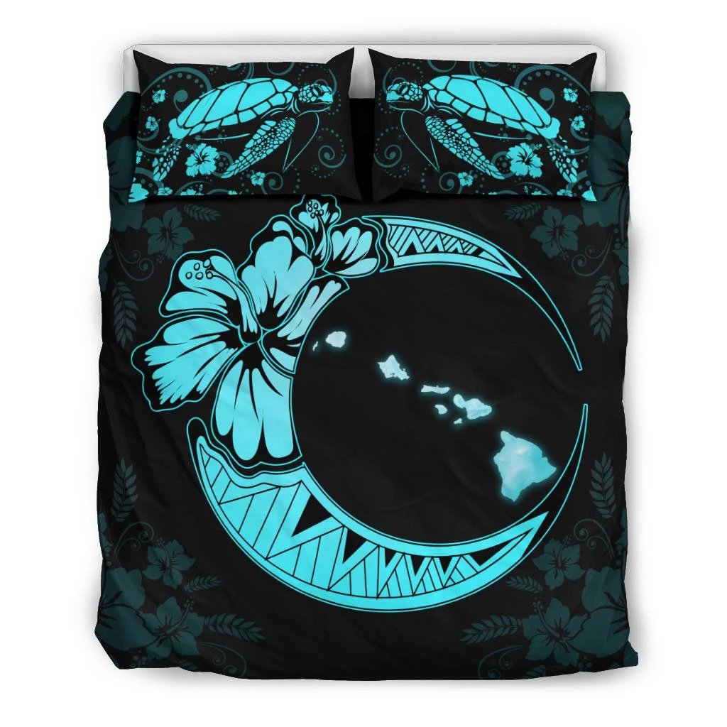 Hawaiian Map Hibiscus Turtle Polynesian Moon Bedding Set Blue Black - Polynesian Pride