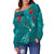 Hawaiian Islands Off Shoulder Sweater - Hawaii Tropical Flowers and Turtles Turquoise LT13 - Polynesian Pride