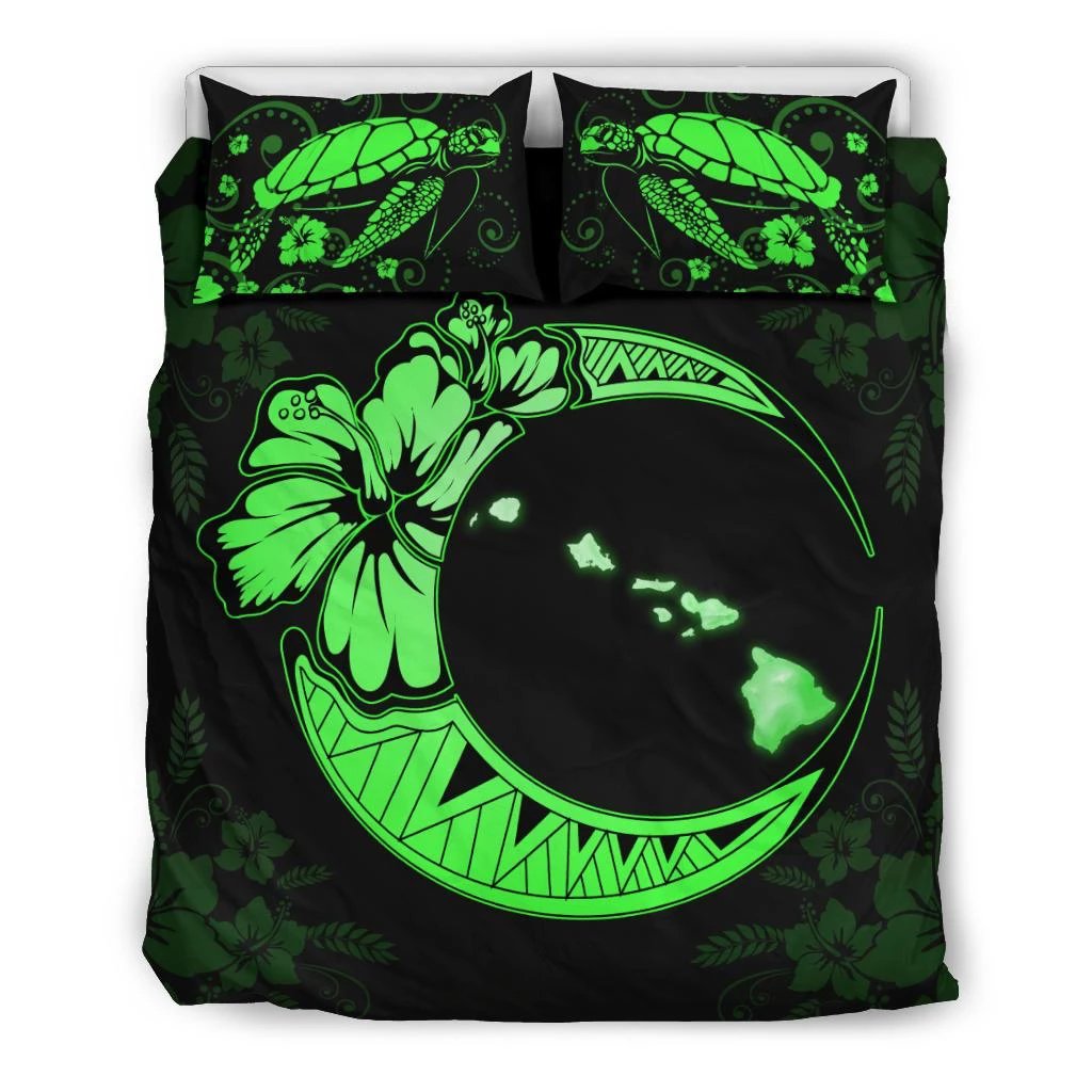 Hawaiian Map Hibiscus Turtle Polynesian Moon Bedding Set Green Black - Polynesian Pride