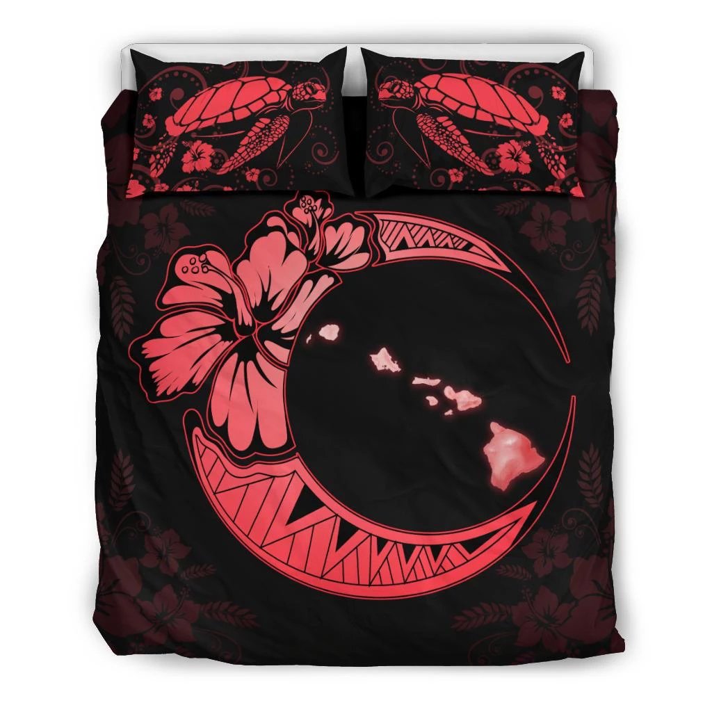 Hawaiian Map Hibiscus Turtle Polynesian Moon Bedding Set Red Black - Polynesian Pride